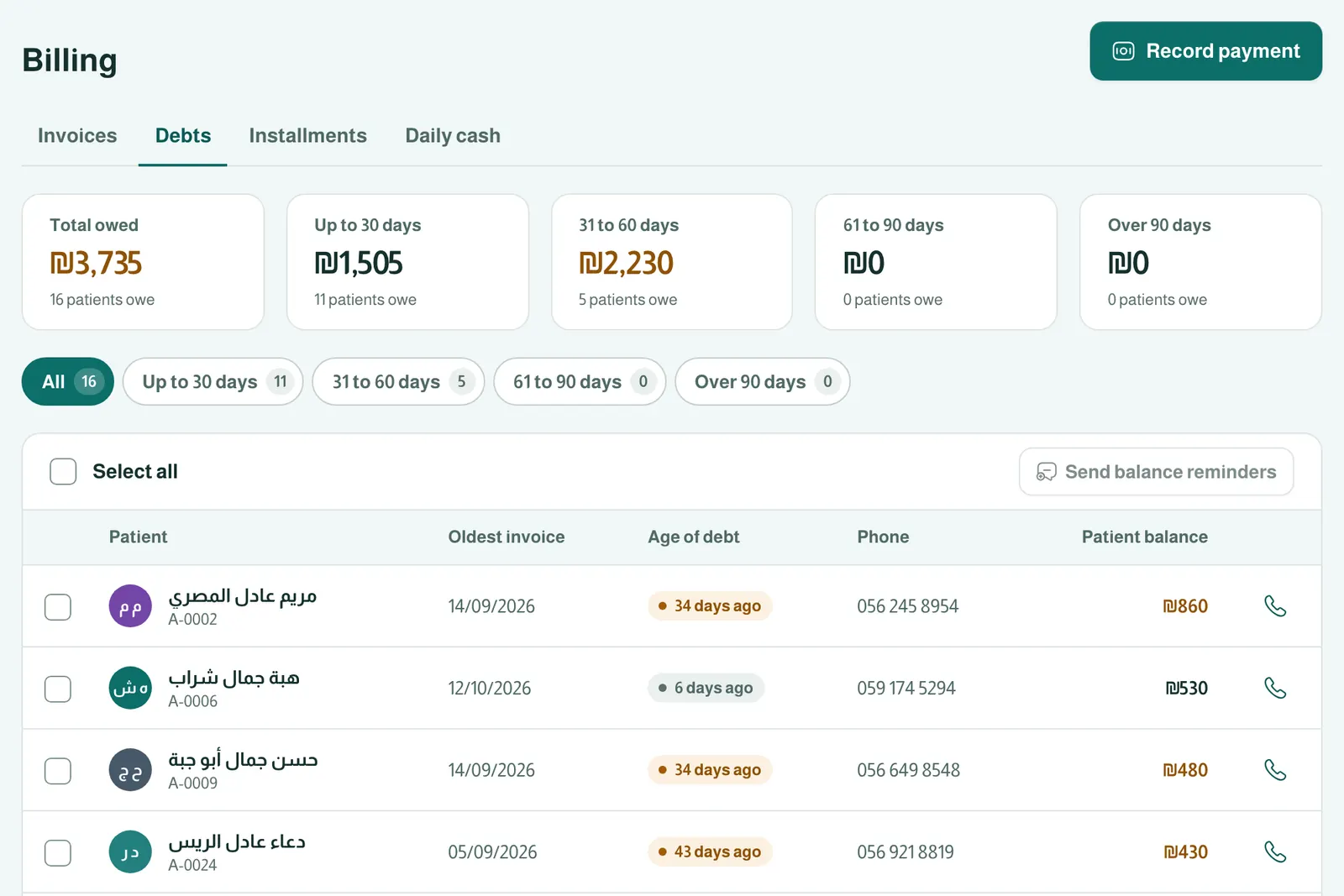 Billing, payments, debts and installments